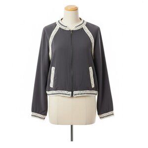 Free People Navy Blue Crochet Trim Zip Front Cropped Bomber Jacket Medium